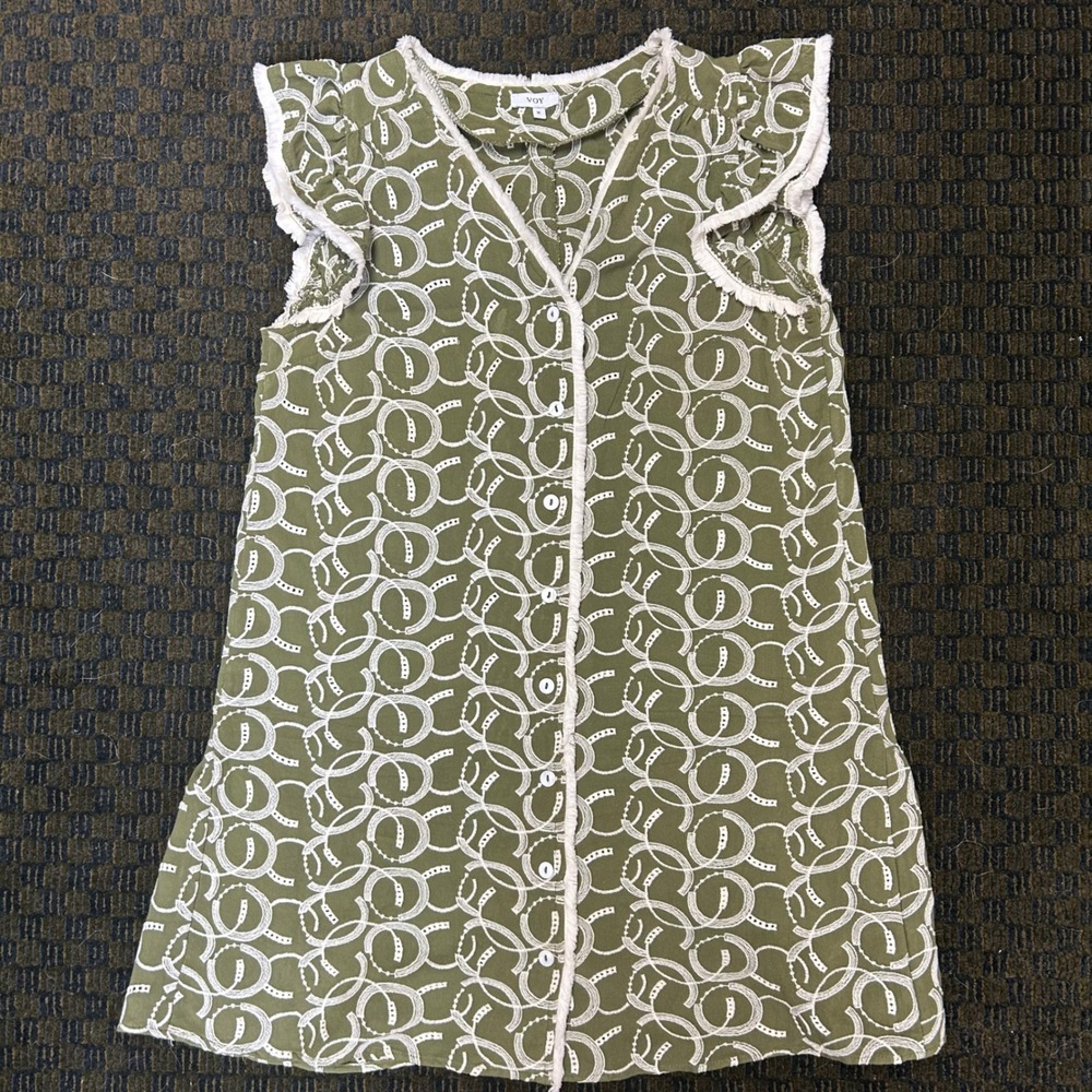 VOY Womens Green White Embroidered Ruffle Sleeve Button Front Dress Med